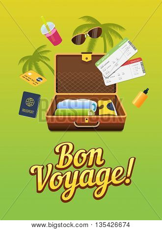 Vaction trip to other countries. Travel to world. Flight trip. Tourism. Colorful vector banner. Open suitcase with clothes. Passport and flight tickets. Travelling illustration. Flat design