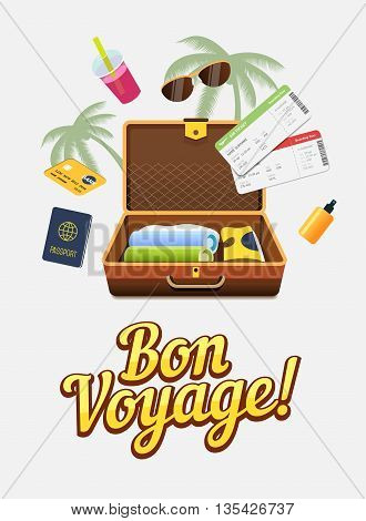 Vaction trip to other countries. Travel to world. Flight trip. Tourism. Colorful vector banner. Open suitcase with clothes. Passport and flight tickets. Travelling illustration. Flat design