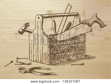 Hand drawn toolbox with different tools - nails hammer saw ruler box plier. Tools on a wooden background. Vector illustration on wooden background.