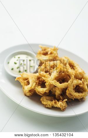 calamares calamari fired battered squid rings seafood snack with aioli sauce
