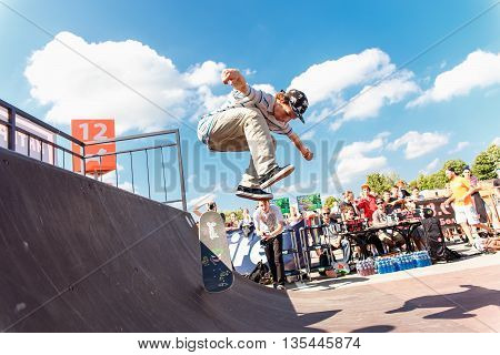 GRODNO, BELARUS - JUN 18: Athletes compete at Skateboard Challenge 2016 in Grodno, Belarus, June 18, 2016