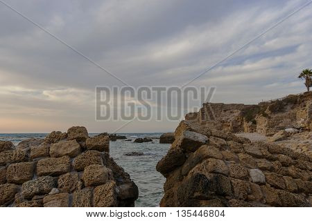 Caesarea - ancient city on the Mediterranean coast destroyed by the marine element and the time
