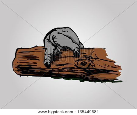 A graphical image of a funny elephant. Abstract drawing in color - a baby elephant can't climb over a log. Vector illustration