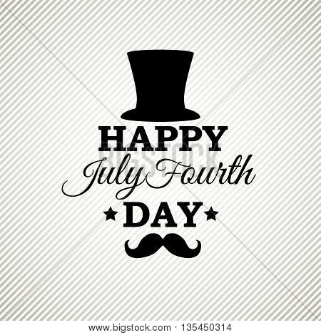 4th of July greeting card with top hat, mustache and stars on grey stripes background.