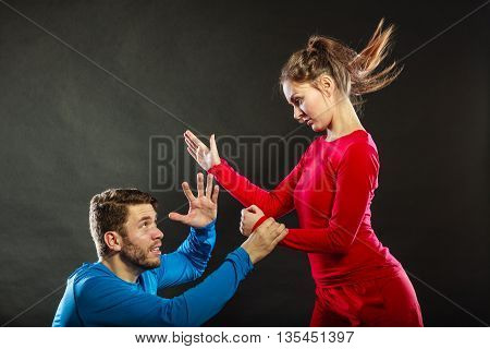Woman Wife Abusing Scared Man Husband. Violence.