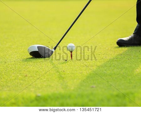 Golf ball behind driver at driving range.