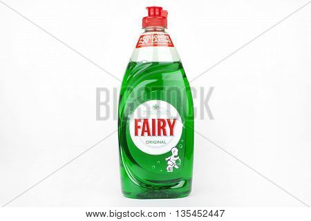 LONDON UK - JUNE 16TH 2016: A close-up of the logo for original Fairy Liquid over a plain white background on 16th June 2016. The product is produced by American company Proctor and Gamble.
