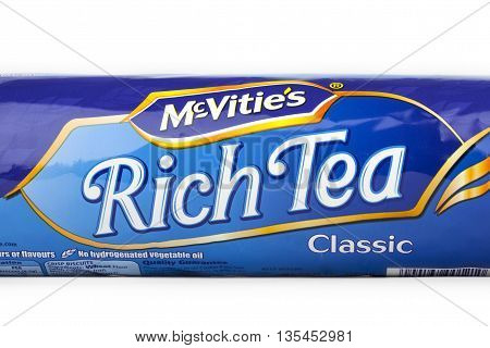 LONDON UK - JUNE 16TH 2016: A packet of Original McVities Rich Tea Biscuits on 16th June 2016. McVities is a brand of British snack food and is owned by United Biscuits.