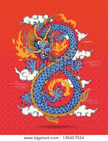 Illustration of Colorful Traditional Chinese oriental Dragon Spewing Flames, vector illustration. Infinity shape. Isolated.