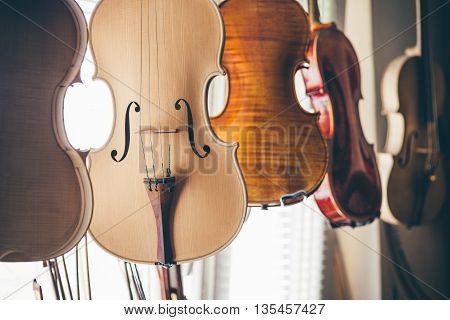 Handmade violin in luthier workshop next to the window