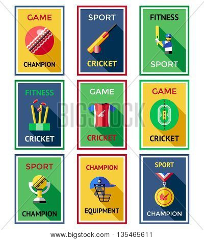 Cricket color labels poster set with headlines of game champion sport cricket fitness cricket sport champion vector illustration