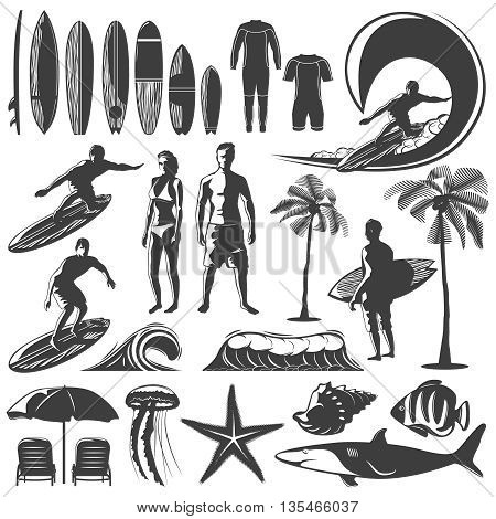 Surfing icon set with men and women on the beach equipment and accessories for diving vector illustration