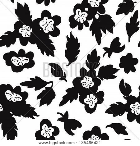 Black and white abstract flowers silhouettes vector seamless pattern.Seamless pattern for fabric paper and other printing and web projects.
