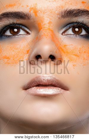 Blue Art On Stage Fashion Make Up. Close Up Photo. Studio. Make Up Art And Fantasy On Stage Blue Mak