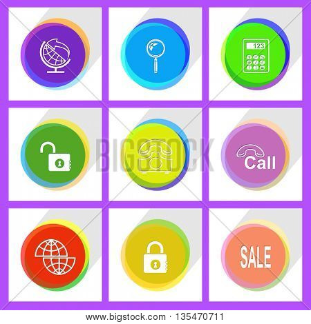 shift globe, opened lock, globe and arrow, closed lock, rotary phone, magnifying glass, sale, hotline, calculator. Business set. Internet template. Vector icons.