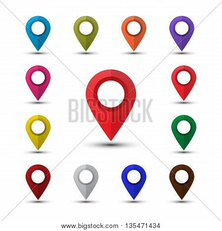 Map pointers set isolated on a white background. Colorful map markers. Flat style vector illustration