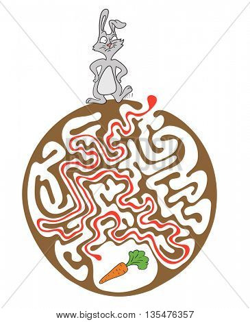 Maze puzzle for kids with rabbit and carrot. Labyrinth illustration, solution included.