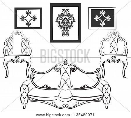 Elegant Interior set with leather furniture ornamented in neoclassic style. Vector