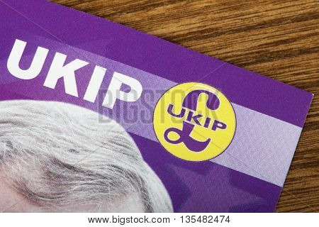 LONDON UK - JUNE 13TH 2016: A close-up of the symbol of the UK Independence Party on a leaflet taken in London on 13th June 2016.