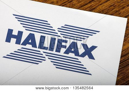 LONDON UK - JUNE 13TH 2016: The logo for Halifax Bank on one of their information leaflets on 13th June 2016. Halifax is the UK's largest provider of residential mortgages and savings accounts.