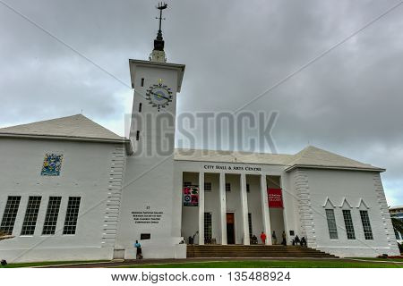 Hamilton, Bermuda - May 20, 2016: Bermuda City Hall & Arts Center in Hamilton Bermuda