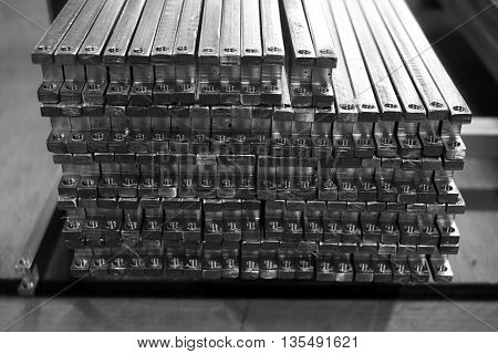 grop of metal stock with different size in warehouse