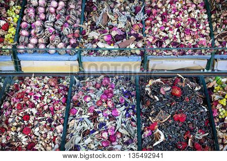 Various Teas from flowers and spice in the famous Spice market in Istanbul Turkey