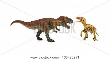 tyrannosaurus and velociraptor on a white background