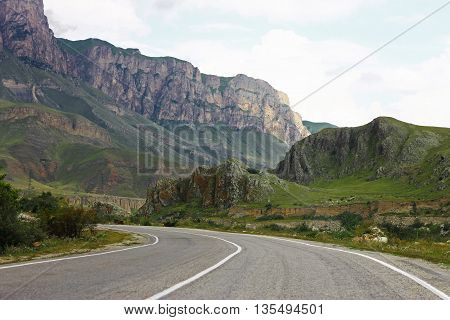 Mountain highway and landscape. North Caucasus travel