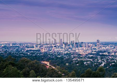 View of Brisbane City from Mount Coot-tha at night. Queensland, Australia.