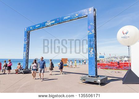 NICE, FRANCE - June 20, 2016: View of the fan zone for the Euro cup 2016 in the Promenade des Anglais. Nice is one of the ten cities where the matches are played during the Euro 2016.