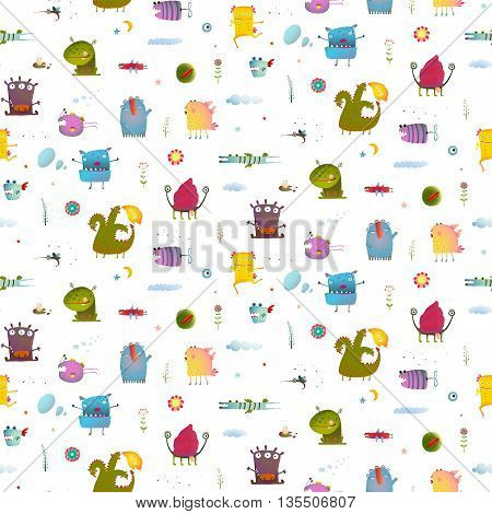 Seamless pattern Fun Cute Cartoon Monsters for Kids Design background. Vivid fabulous incredible creatures design isolated on white.