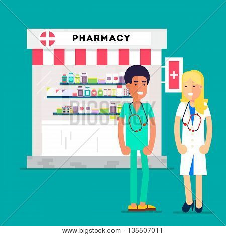 Cool medidicine and pharmacy concept with pharmacy store and two yuong doctors isolated on a specific background. Flat Vector illustration.