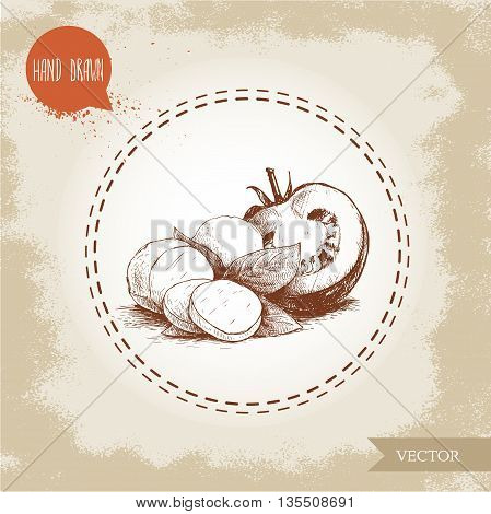Hand drawn mozzarella cheese with basil leafs and half of tomato. Caprese salad ingredients. Vector organic food illustration. Vintage design.