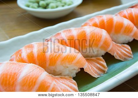 Japanese food sashimi salmon sushi salmon spawn salmon with japanese rice in japanese restaurant.
