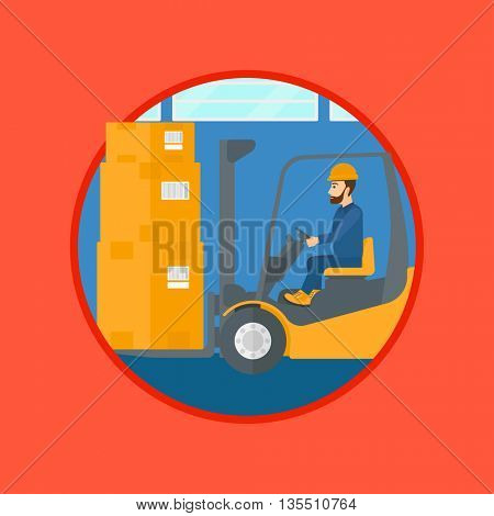 Warehouse worker loading cardboard boxes. Forklift driver at work in storehouse. Warehouse worker driving forklift at warehouse. Vector flat design illustration in the circle isolated on background.
