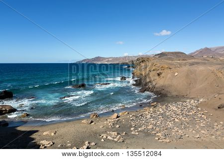 Rock coast near La Pared village on the south western part of Fuerteventura . Canary Islands Spain