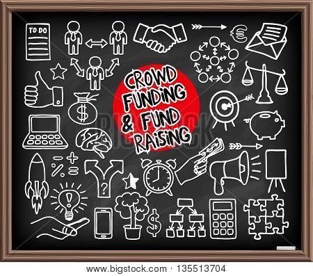 Crowd funding and Fond Raising Doodle set on chalkboard. Start up, launching of new project concept. Graphic elements - thumb up, alarm clock, rocket, light bulb idea, handshake, puzzle pieces. Vector illustration