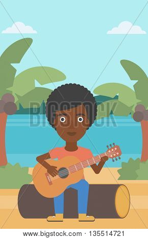 An african-american woman sitting on a log and playing a guitar on the background of tropical beach with palm trees and the sea vector flat design illustration. Vertical layout.