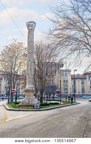ANKARA TURKEY - JANUARY 16 2015: The Column of Julian is the part of the ancient remains of the Roman period on January 16 in Ankara.