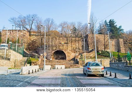 The massive ramparts between the lower town and the Castle Hill Ankara Turkey.