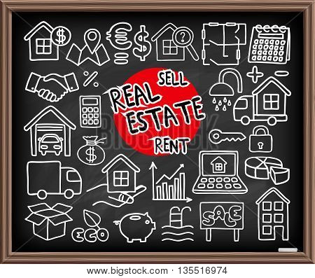 Real Estate set. Freehand doodle icons on chalkboard. Graphic design elements - selling house, moving, boxes, lending money symbols and more. Vector illustration