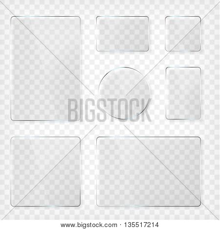 Glass plates set. Square shape, rectangle and round. See through mock up. Transparent elements. Plastic banners with reflection and shadow. Photo realistic vector illustration