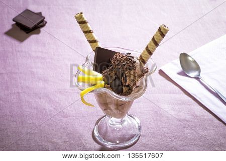 Decorated chocolate ice cream in a glass jorum