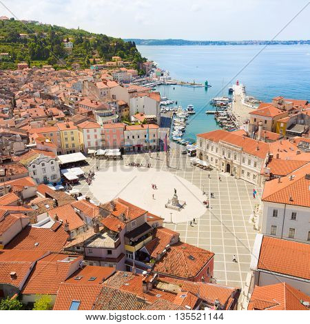 Picturesque old town Piran - beautiful Slovenian adriatic coast. Aerial view of Tartini Square.
