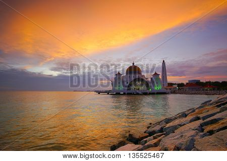 Majestic view of Malacca Straits Mosque during sunset.