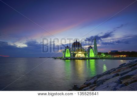 Majestic view of Malacca Straits Mosque during sunset.