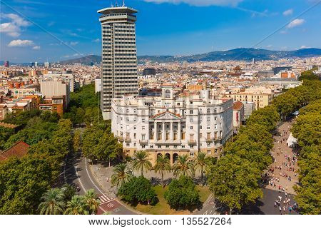 Aerial view over La Rambla from Christopher Columbus monument, with quarters of El Raval in Barcelona, Catalonia, Spain