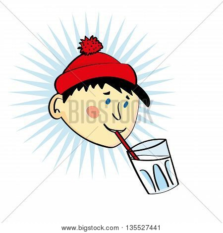 Head of a boy or young man in a red wool cap drinking from a glass of milk with a straw