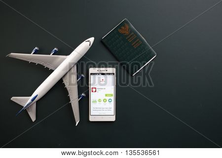 Kual Lumpur,Malaysia 19th Jun 2016,Malindo airline mobile apps with toy aeroplane